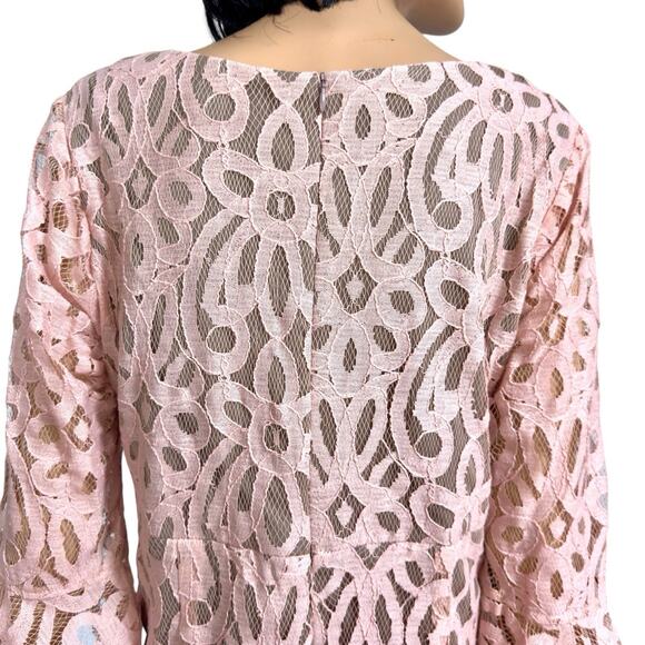Empire Midi Dress 16 Pink Lace Overlay Bell Sleeve Event Bridal Party Fairy Boho - Picture 6 of 15